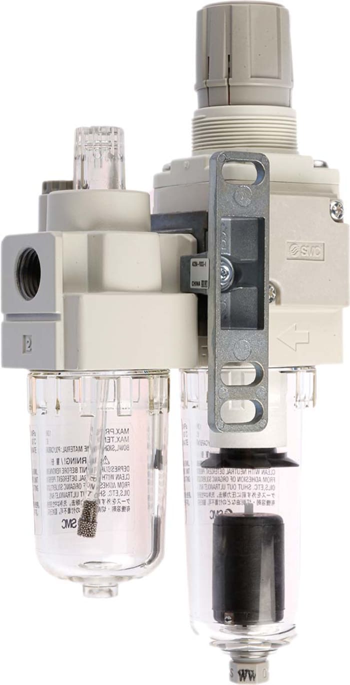 SMC G 1/4 FRL, Automatic Drain, 5μm Filtration Size - With Pressure Gauge