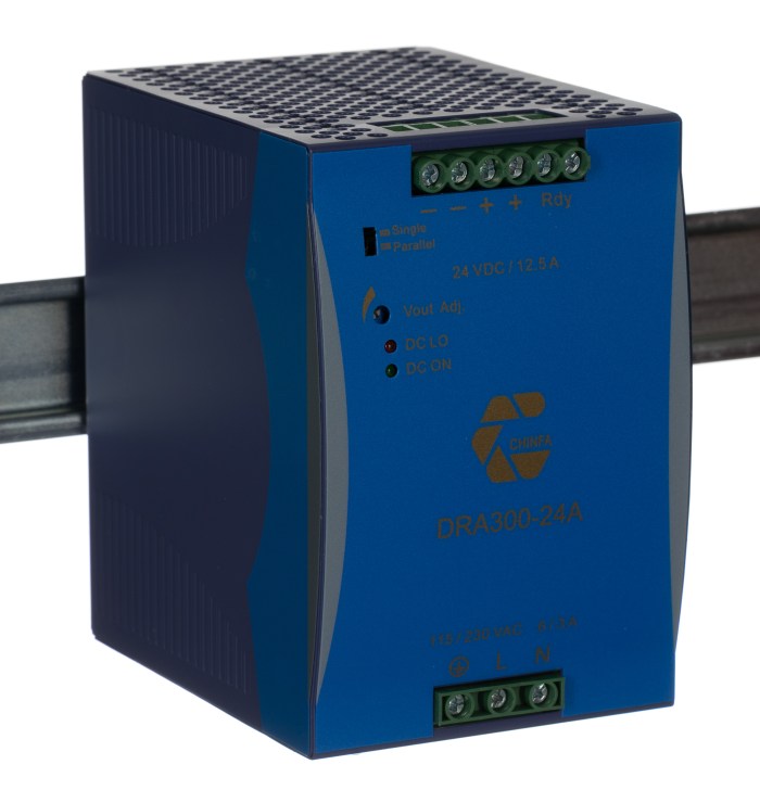 Alimentation pour rail DIN Chinfa, série DRA300, 24V c.c.out 12.5A, 300W