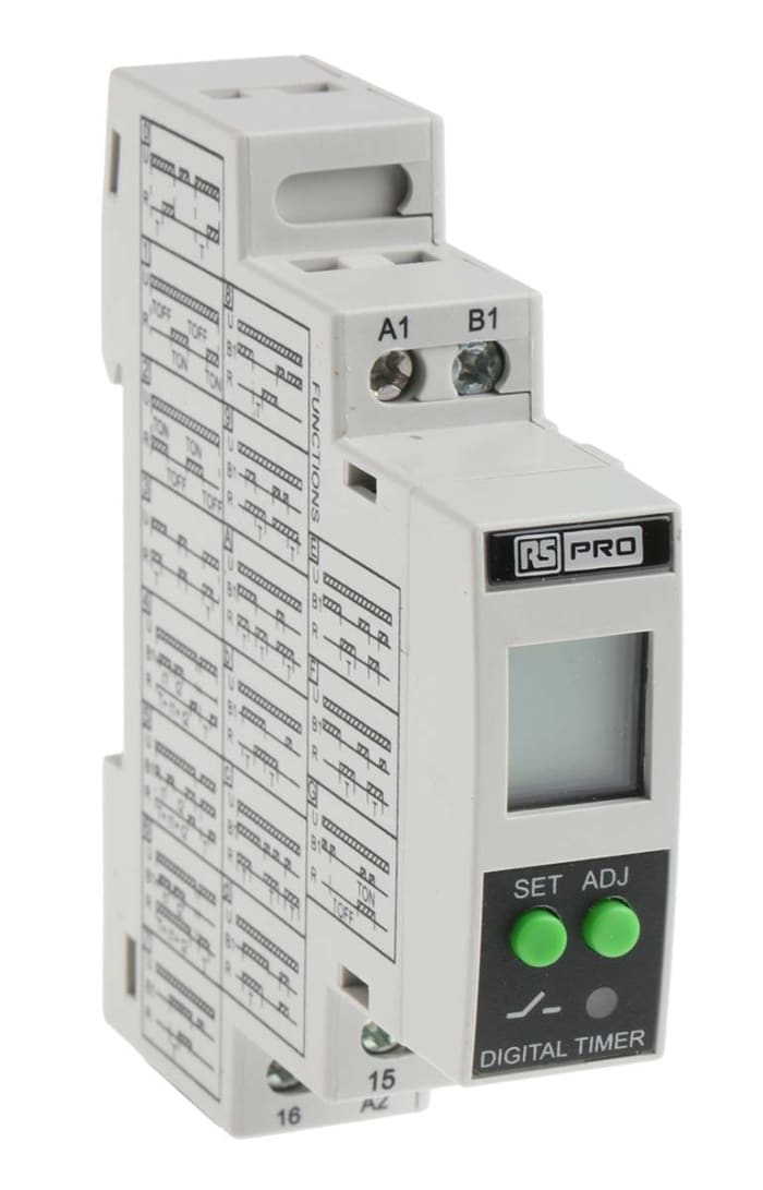 RS PRO | RS PRO DIN Rail Mount Timer Relay, 24 → 240V ac/dc, 1-Contact, 01.  s → 999h, SPDT | 896-6863 | RS Components