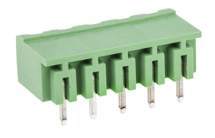 RS PRO CTB9359 Series Right Angle Through Hole Pluggable Terminal Block, 5 Contact(s), 5.08 mm Pitch, 1 Row, Shrouded