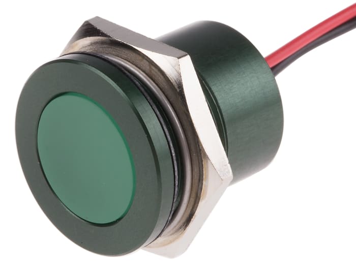 RS PRO Green Panel Mount Indicator, 24V ac/dc, 22mm Mounting Hole Size, Lead Wires Termination, IP67
