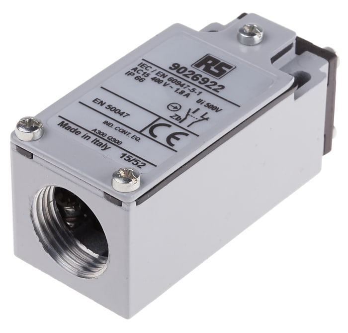 RS PRO Plunger Limit Switch, NO/NC, IP66, DPST, Zinc Alloy Housing, 400V ac Max, 10A Max