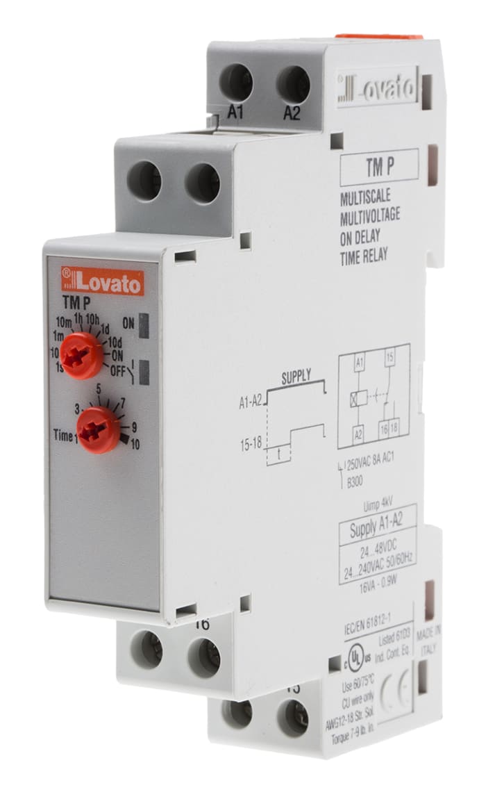 TMP Lovato, Lovato DIN Rail Mount Timer Relay, 24 → 240 V ac, 24 → 48V dc,  2-Contact, 0.1 s → 10days,, 905-3463