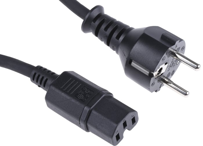 Napájecí kabel 2m, Černá, A: IEC C15, B: Německá bezpečnostní zástrčka typu F, 16 A, 250 V RS PRO