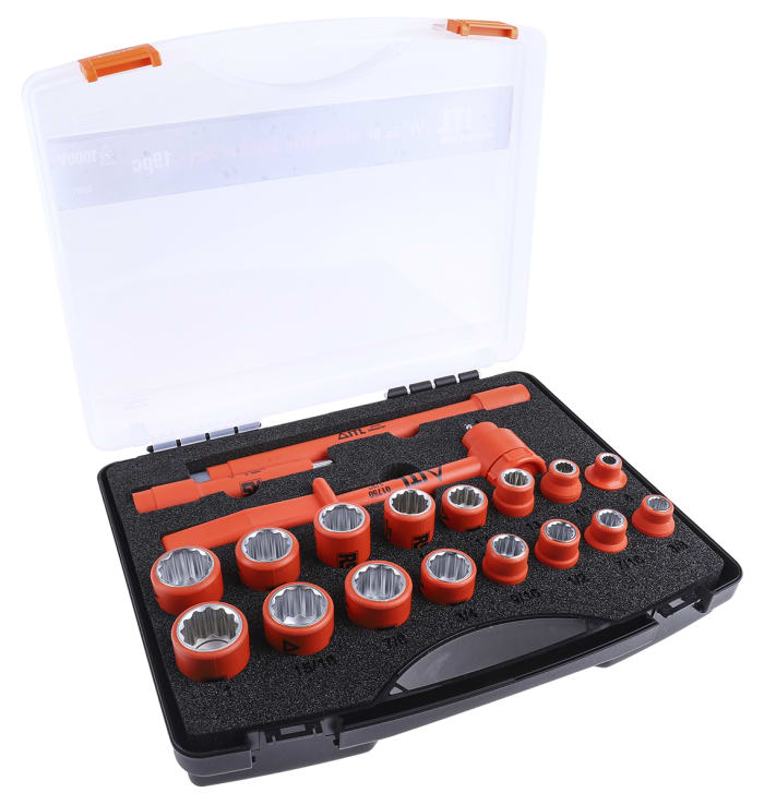 ITL Insulated Tools Ltd 19-Piece Imperial, Metric 1/2 in Standard Socket Set with Ratchet, 12 point, VDE/1000V