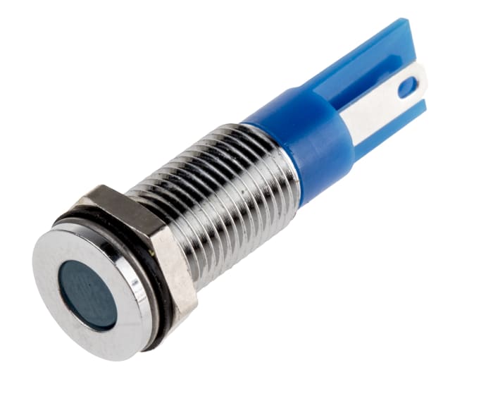 RS PRO Blue Panel Mount Indicator, 24V dc, 8mm Mounting Hole Size, Faston, Solder Lug Termination, IP67