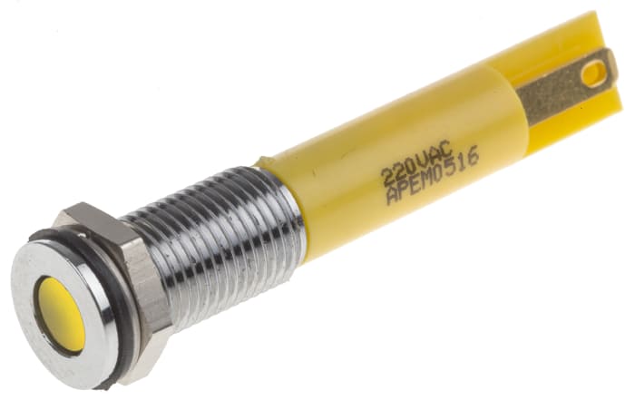 RS PRO Yellow Panel Mount Indicator, 110V ac, 8mm Mounting Hole Size, Faston, Solder Lug Termination, IP67