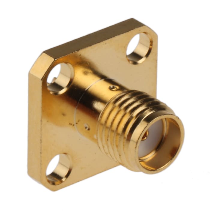 Conector coaxial RS PRO SMA Hembra, Recta, Impedancia 50 Ω Conector SMA, Montaje en Reborde Soldadura, 18 GHz 165 °C -65