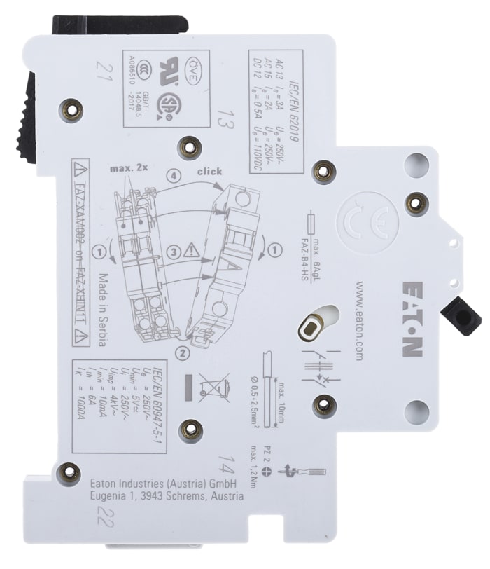 Eaton Auxiliary Contact, 2 Contact, 1NC + 1NO, DIN Rail Mount