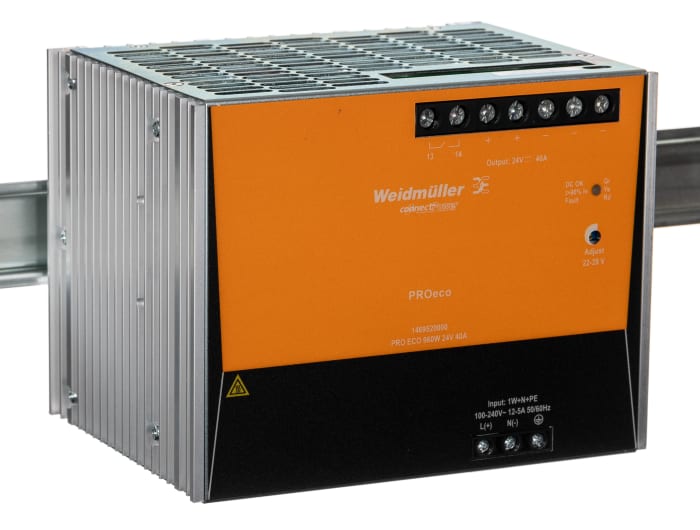 Weidmuller PRO ECO Switched Mode DIN Rail Power Supply, 85 → 264 V ac / 80 → 370V dc ac, dc Input, 24V dc