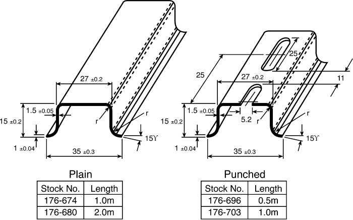 Steel Unslotted DIN Rail, Deep Top Hat Compatible, 1m x 35mm x 15mm
