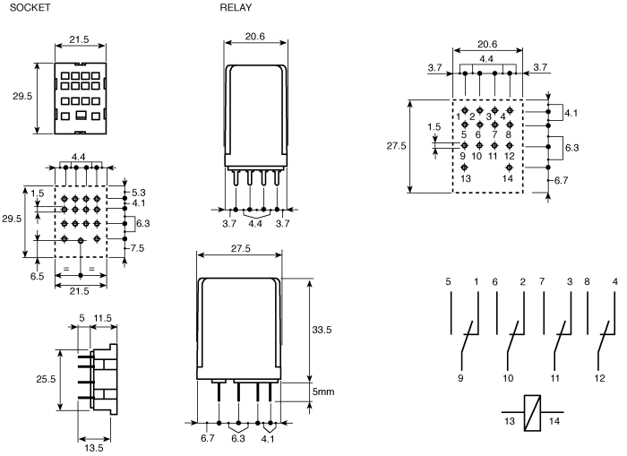 Relé sin enclavamiento Finder de 2 polos, bobina 220V dc, 6A, Montaje  enchufable