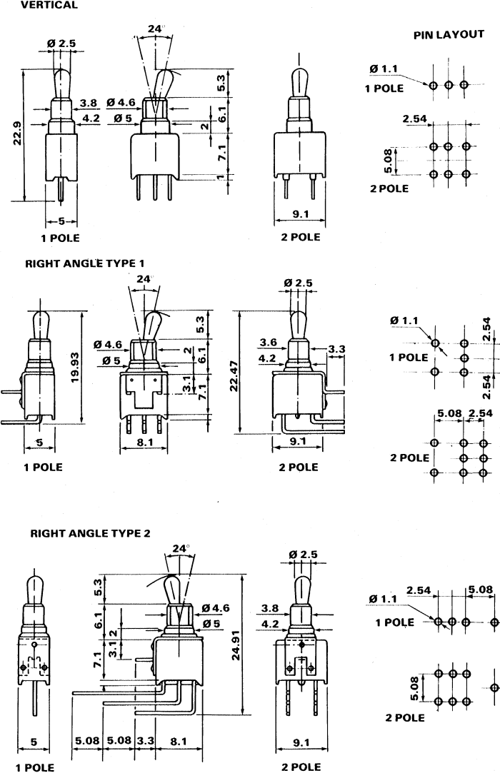 Componentes del interruptor - TA1-1D-DC-1 - interruptor, palanca, 3P SPDT  ON-ON, lengüeta - RS