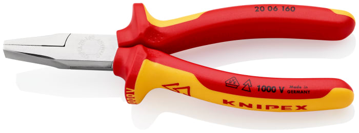 Knipex 20 06 Flat Nose Pliers, 160 mm Overall, Flat, Straight Tip, VDE/1000V, 30mm Jaw