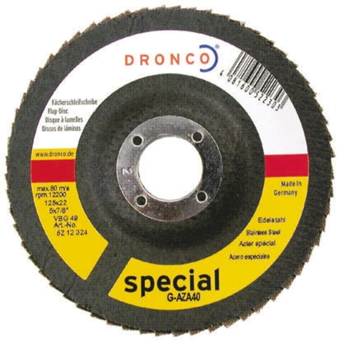 DRONCO Zirconia Aluminium Fine Flap Disc, 120 Grit, 12200rpm, 125mm x 22mm Bore