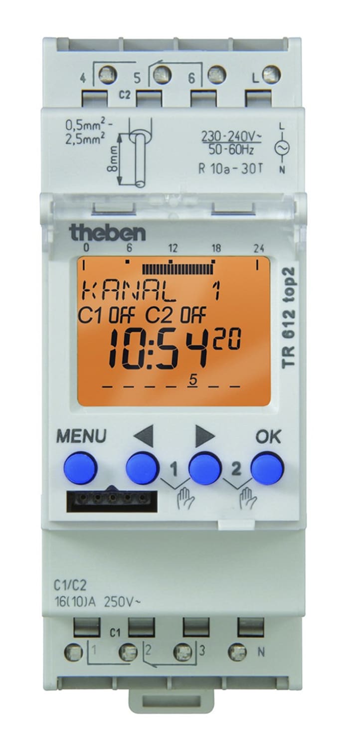 2 Channel Digital DIN Rail Time Switch Measures Minutes, 230 → 240 V ac