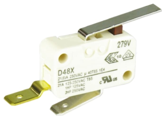 Cherry Short Lever Microswitch, Tab Terminal, 21 A @ 250 V ac, SPST