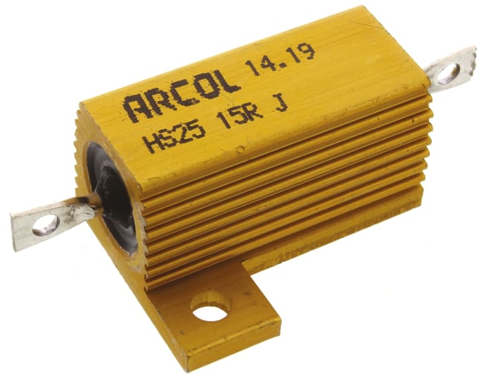Rezistor pro montáž na rám, řada: HS25 15Ω ±5% 25W, hliníkové pouzdro , Axiální Vinutý Arcol