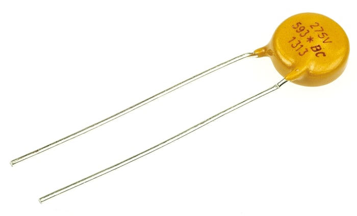 Varistor de óxido metálico Vishay VDRS - E, tensión de ruptura 430V, 10A, 36J, 140pF, dim. 9 (Dia.) x 4.9mm, paso 5mm