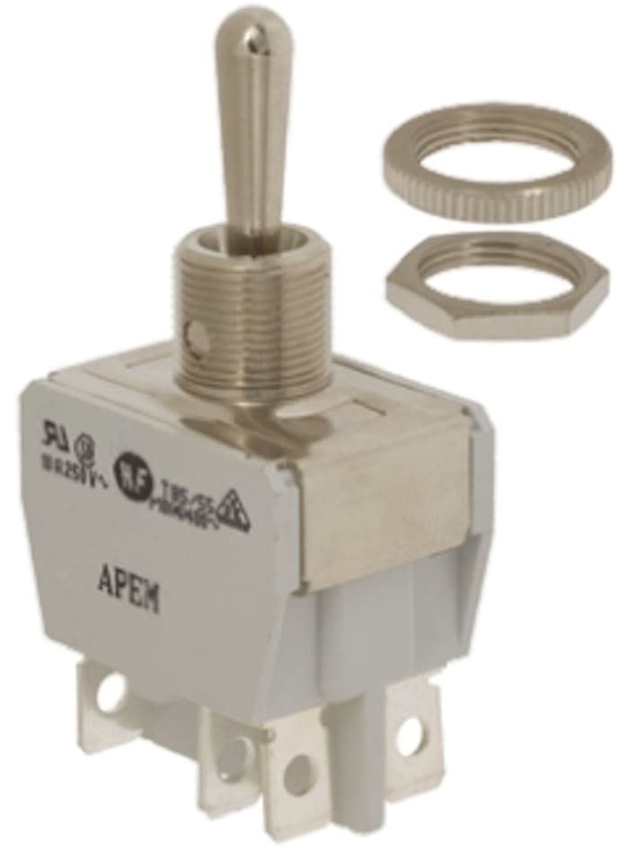 APEM Toggle Switch, Panel Mount, On-On, DPDT, Solder Terminal, 24 V dc, 250 V ac