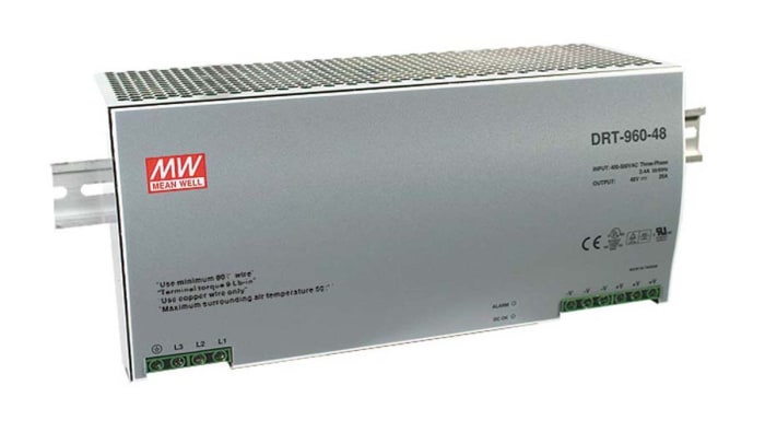 Mean Well DRT Switch Mode DIN Rail Panel Mount Power Supply, 340 → 550V ac ac Input, 24V dc dc Output, 40A