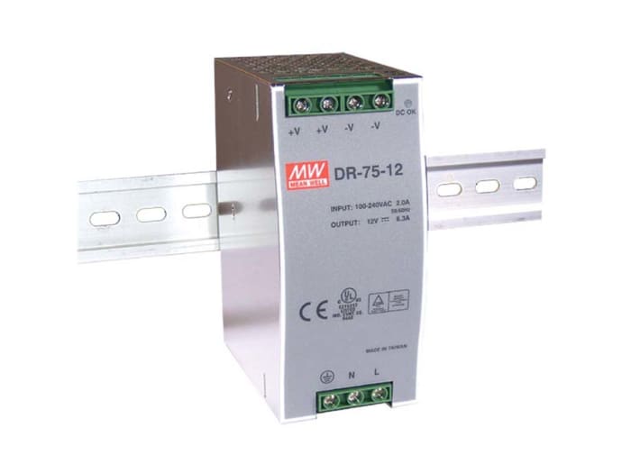 Mean Well DR Switch Mode DIN Rail Panel Mount Power Supply, 85 → 264V ac ac Input, 12V dc dc Output, 6.3A