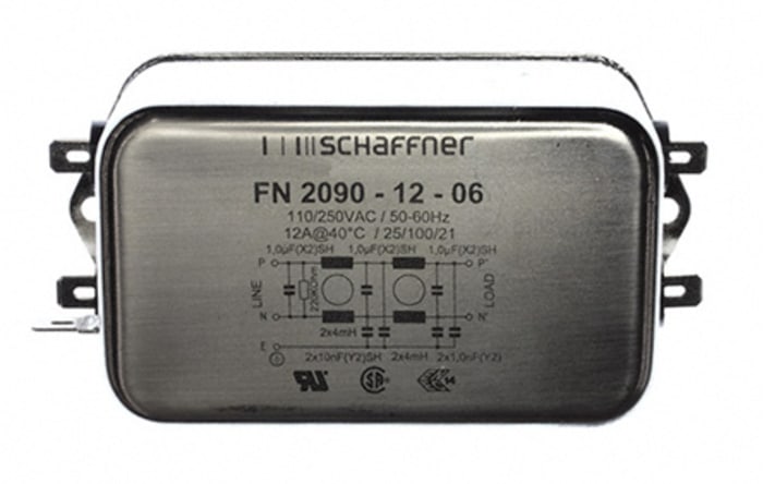 Schaffner, FN2090 12A 250 V ac/dc 0 → 400Hz, Chassis Mount EMI Filter, Fast-On, Single Phase