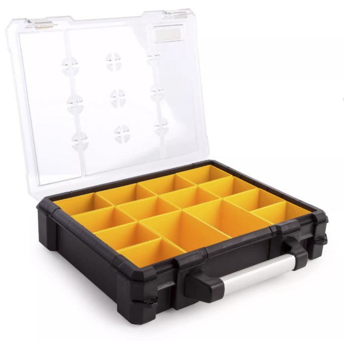 Caja organizadora Stanley de 14 compartimentos ajustablesAluminio Transparente, 492mm x 431mm x 110mm