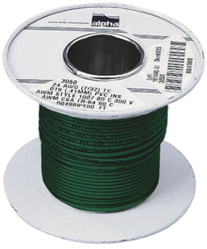 3055 GR005 Alpha Wire, Alpha Wire Green 0.75 mm² Hook Up Wire, 18 AWG,  16/0.25 mm, 30m, PVC Insulation, 331-761