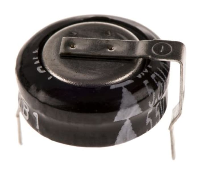 Supercondensateur, 0.22F, 5.5V c.c., Traversant, 10.5 (Dia.) x 6mm, pas de 10mm, -25 °C → +70 °C.