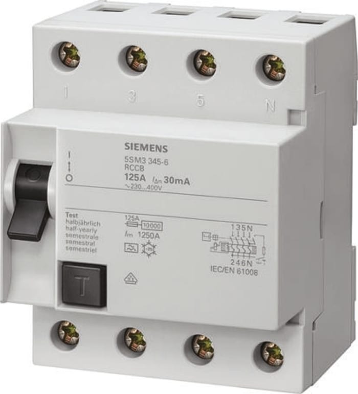 Siemens 5SM3 Residual Current Circuit Breaker, 40A, 3+N Pole, 100mA, Type A, 400V
