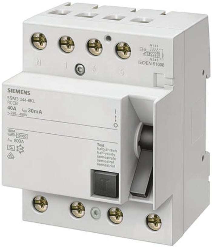 Siemens 5SM3 Residual Current Circuit Breaker, 63A, 3+N Pole, 30mA, Type A, 400V