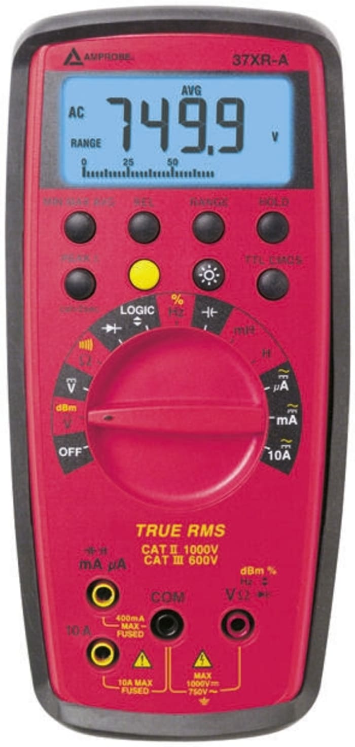 Amprobe 37XRA Handheld Digital Multimeter, True RMS, 10A ac Max, 10A dc Max, 750V ac Max