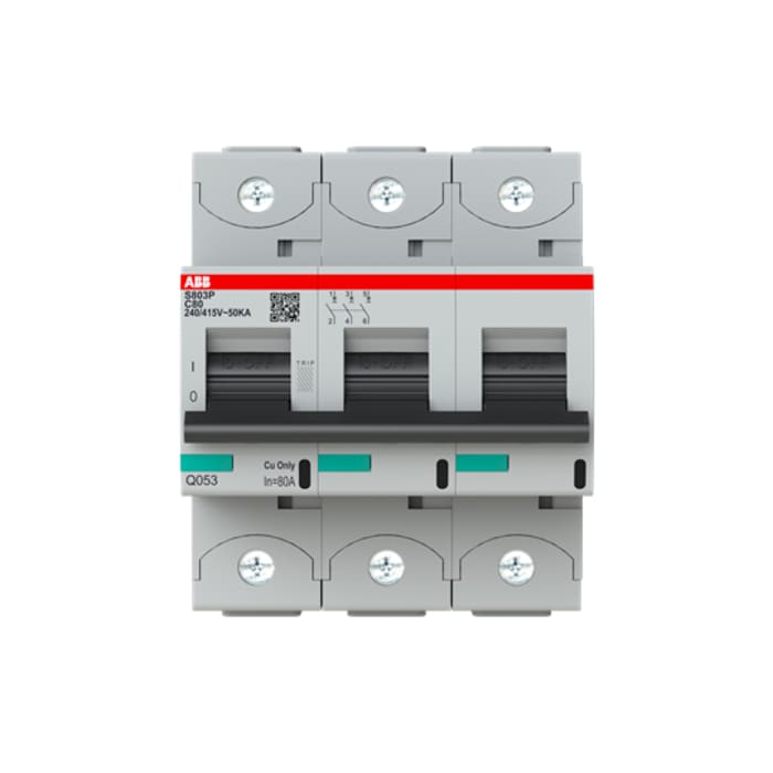 ABB High Performance S800N MCB, 3P, 80A Curve C, 400V AC, 36 kA Breaking Capacity
