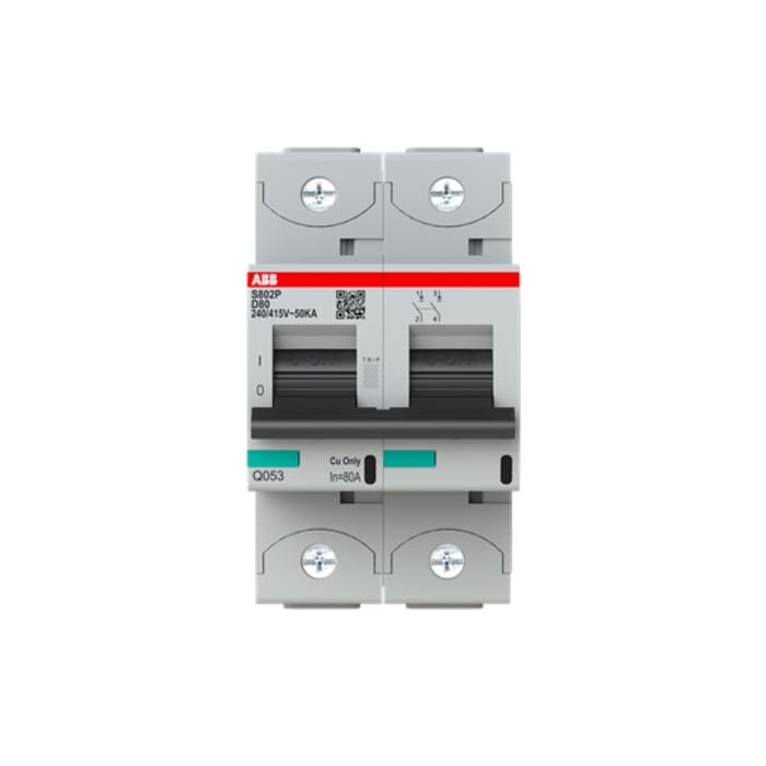 ABB High Performance S800S MCB, 2P, 80A Curve D, 400V AC, 250V DC, 50 kA Breaking Capacity