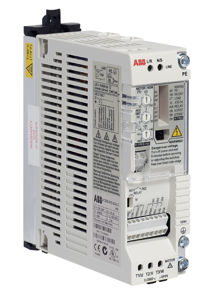 ABB Inverter Drive, 0.18 kW, 1 Phase, 230 V ac, 1.4 A, ACS55 Series
