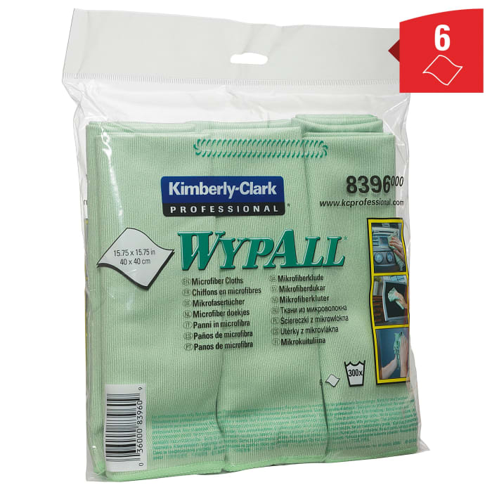 Kimberly Clark Wypall Green Cloths for Glass and Mirror Cleaning, Dry Use, Bag of 6, 400 x 400mm, Repeat Use