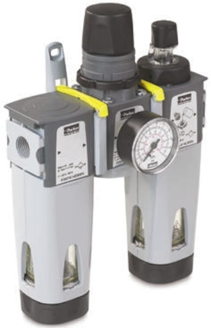 Parker G 1/2 FRL, Manual Drain, 5μm Filtration Size - With Pressure Gauge