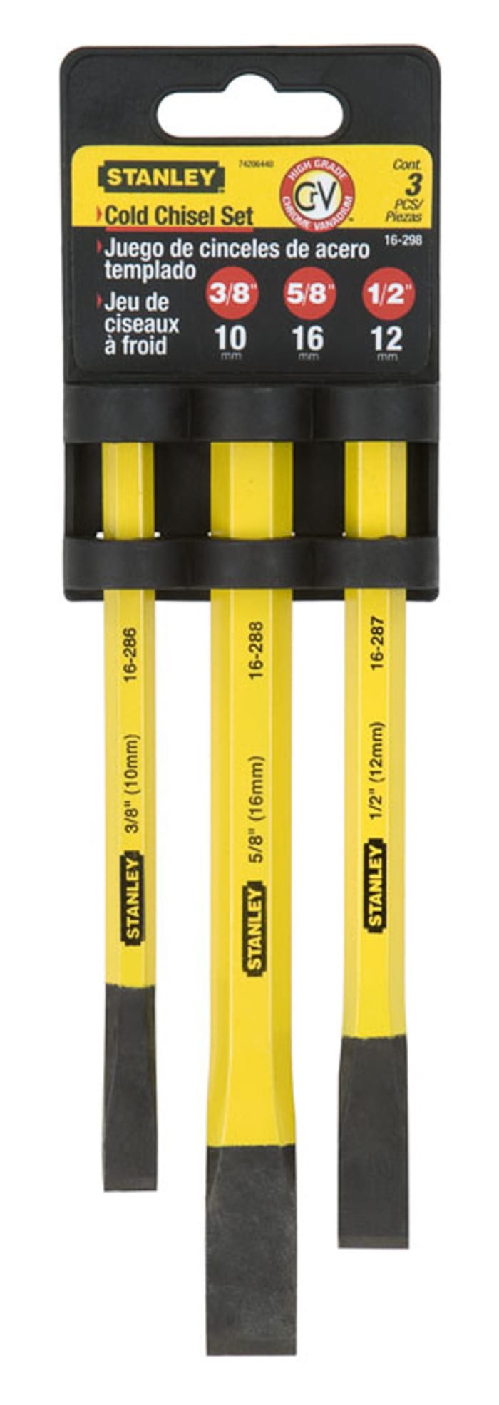 Stanley 3 Piece Chrome Vanadium Steel Cold Chisel Set, 10.0 mm, 12.0 mm, 16.0 mm Blade Width
