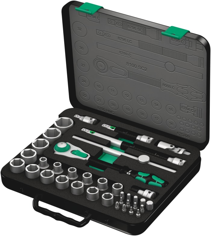 Wera 37 Piece Metric 1 2 in Standard Socket Bit Set with Ratchet 6 point Hex Bit Phillips Bit Pozidriv Bit Torx Bit