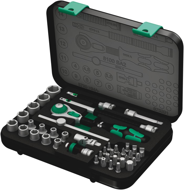 Wera 42-Piece Metric 1/4 in Standard Socket/Bit Set with Ratchet, 6 point; Hex Bit; Phillips Bit; Pozidriv Bit; Slotted