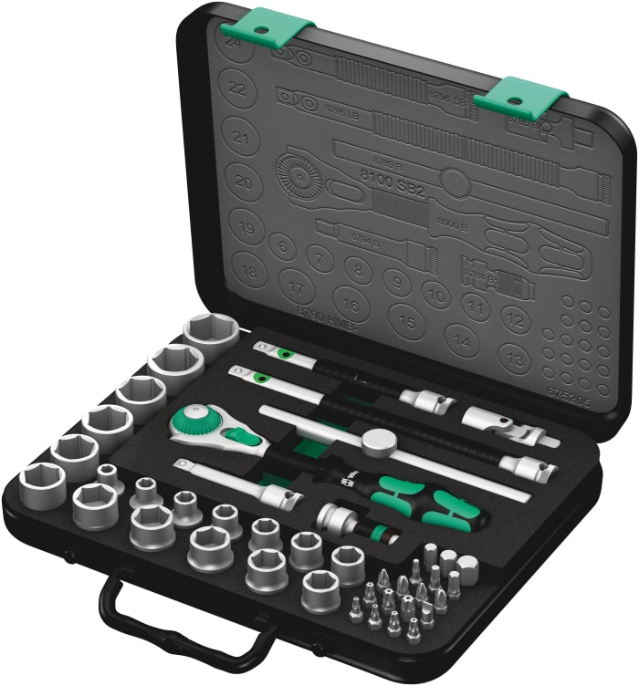 Wera 43-Piece Metric 3/8 in Standard Socket/Bit Set with Ratchet, 6 point; Hex Bit; Phillips Bit; Pozidriv Bit; Slotted