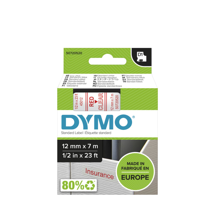 Ruban pour étiqueteuse Dymo 7 m x 12 mm Rouge sur Clair