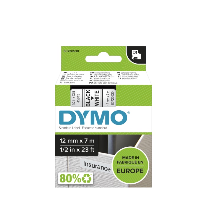 Dymo Black on White Label Printer Tape, 7 m Length, 12 mm Width