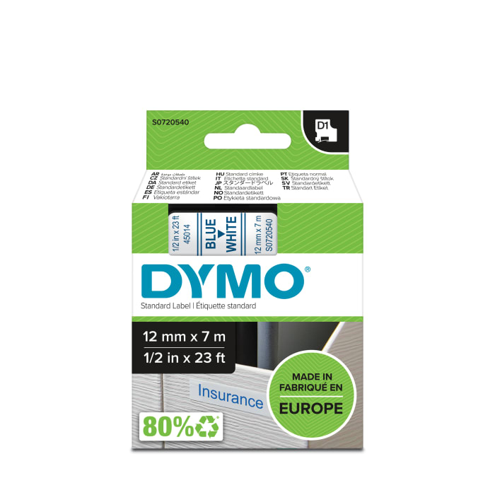 Ruban pour étiqueteuse Dymo 7 m x 12 mm Bleu sur Blanc
