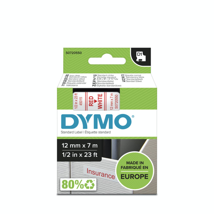 Dymo Red on White Label Printer Tape, 7 m Length, 12 mm Width