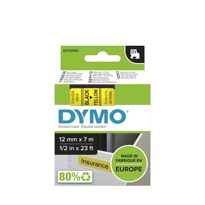 Dymo Black on Yellow Label Printer Tape, 7 m Length, 12 mm Width