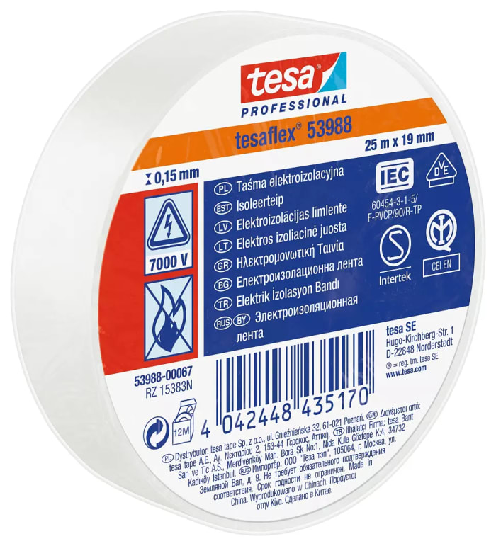 Tesa 53988 White Soft PVC Electrical Insulation Tape, 19mm x 25m