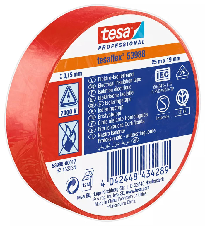 Ruban d'isolation électrique Tesa 53988 en PVC souple Rouge, 25m x 19mm