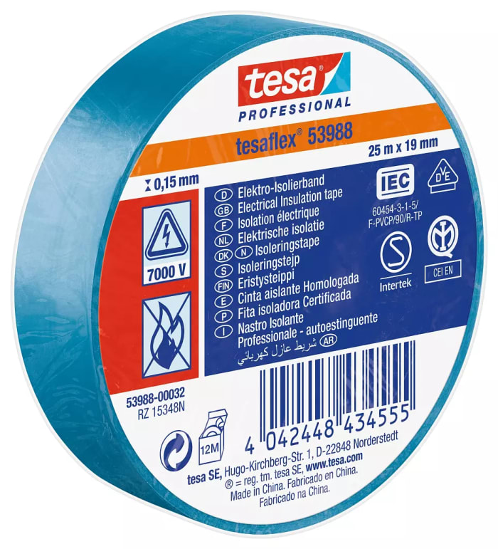 Ruban d'isolation électrique Tesa 53988 en PVC souple Bleu, 25m x 19mm